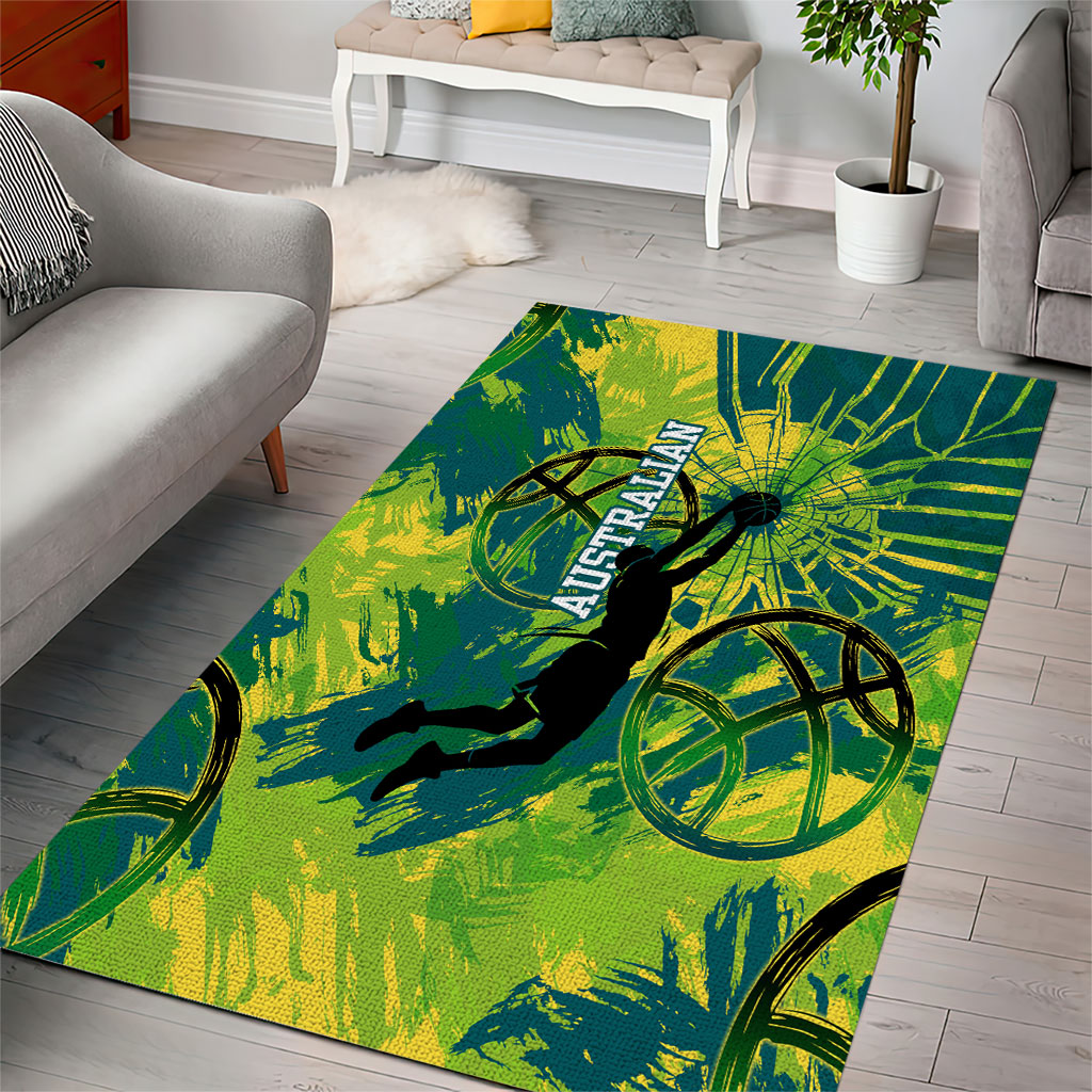 Australian Boomers Basketball Area Rug Shattered Glass Effect With Flaming Ball And Grunge Brushstrokes