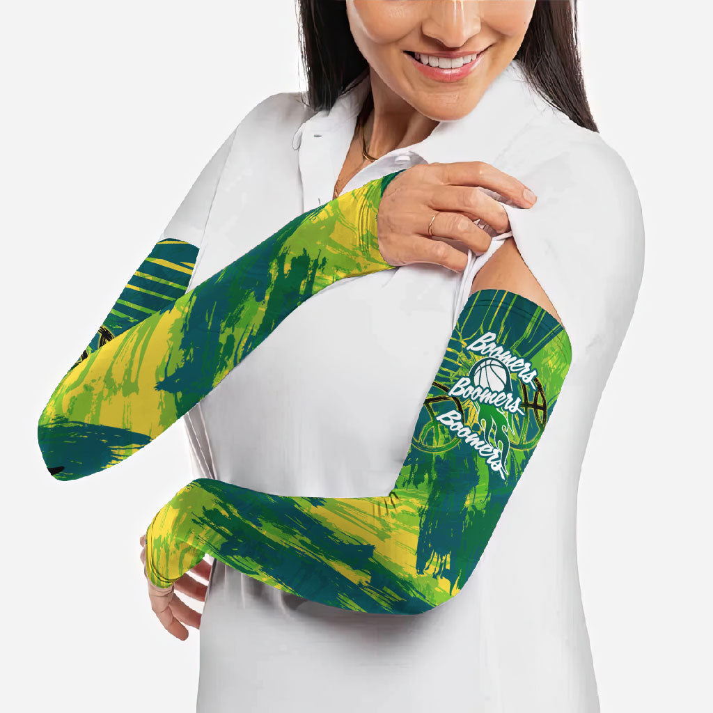 Australian Boomers Basketball Arm Sleeves Shattered Glass Effect With Flaming Ball And Grunge Brushstrokes