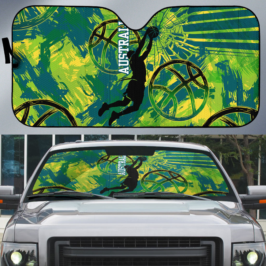 Australian Boomers Basketball Auto Sun Shade Shattered Glass Effect With Flaming Ball And Grunge Brushstrokes