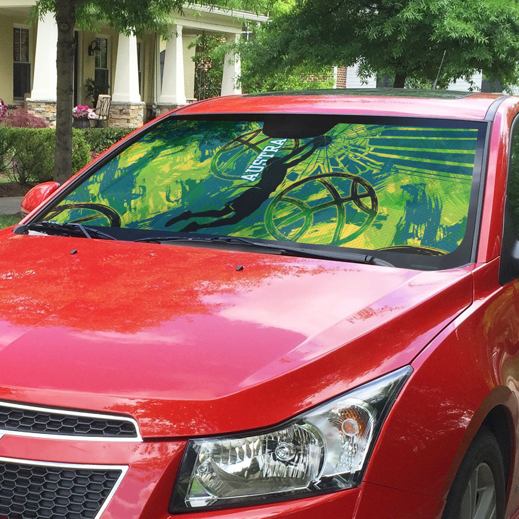 Australian Boomers Basketball Auto Sun Shade Shattered Glass Effect With Flaming Ball And Grunge Brushstrokes