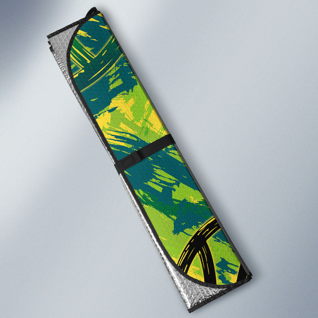 Australian Boomers Basketball Auto Sun Shade Shattered Glass Effect With Flaming Ball And Grunge Brushstrokes