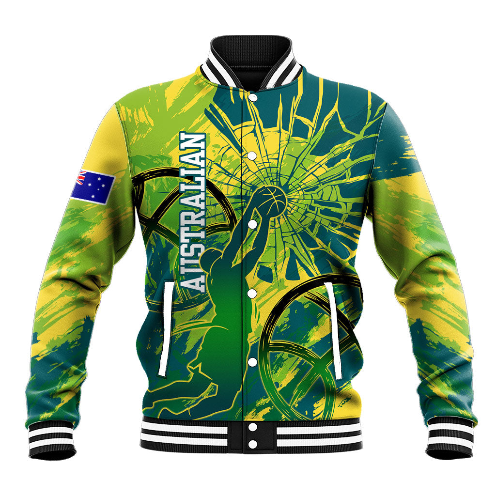 Australian Boomers Basketball Baseball Jacket Shattered Glass Effect With Flaming Ball And Grunge Brushstrokes