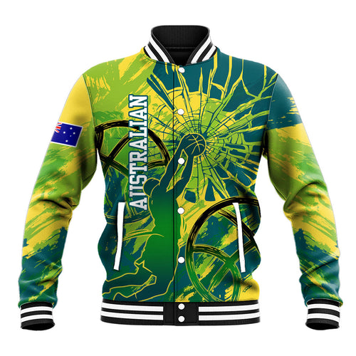 Australian Boomers Basketball Baseball Jacket Shattered Glass Effect With Flaming Ball And Grunge Brushstrokes
