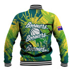 Australian Boomers Basketball Baseball Jacket Shattered Glass Effect With Flaming Ball And Grunge Brushstrokes