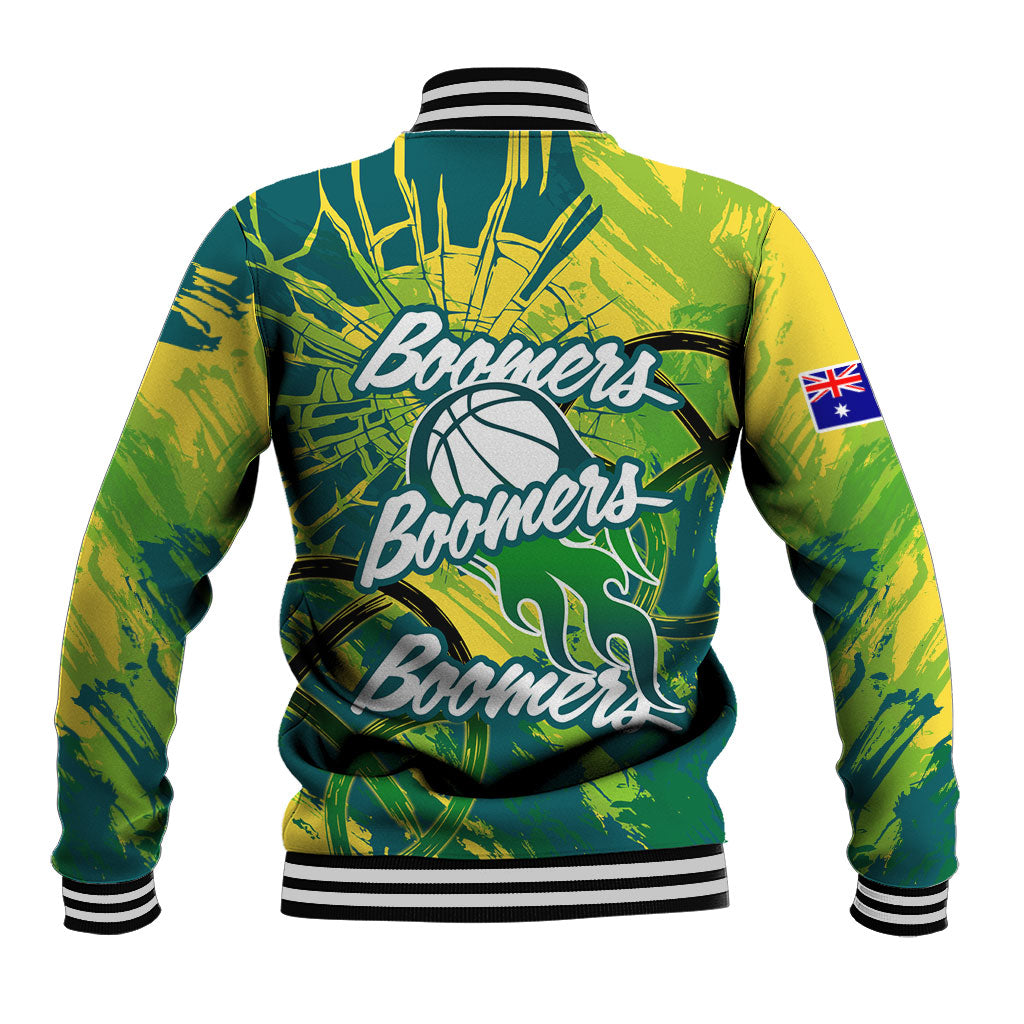 Australian Boomers Basketball Baseball Jacket Shattered Glass Effect With Flaming Ball And Grunge Brushstrokes