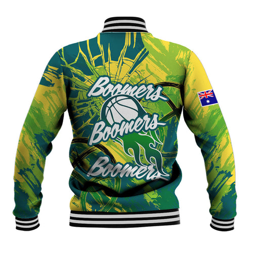 Australian Boomers Basketball Baseball Jacket Shattered Glass Effect With Flaming Ball And Grunge Brushstrokes