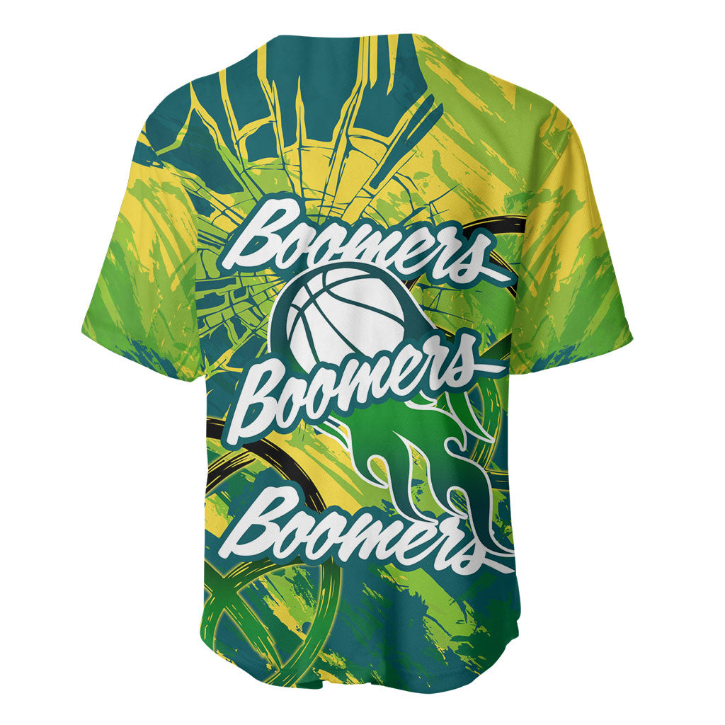 Australian Boomers Basketball Baseball Jersey Shattered Glass Effect With Flaming Ball And Grunge Brushstrokes