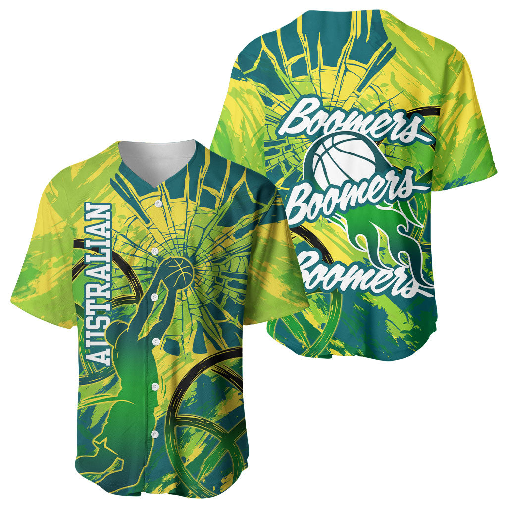 Australian Boomers Basketball Baseball Jersey Shattered Glass Effect With Flaming Ball And Grunge Brushstrokes