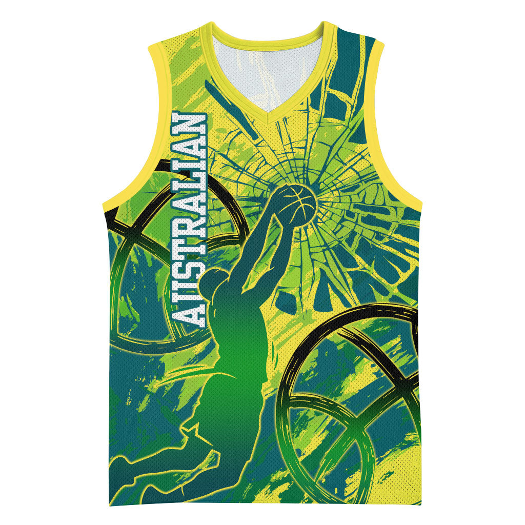 Australian Boomers Basketball Basketball Jersey Shattered Glass Effect With Flaming Ball And Grunge Brushstrokes