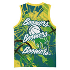 Australian Boomers Basketball Basketball Jersey Shattered Glass Effect With Flaming Ball And Grunge Brushstrokes