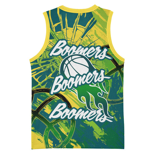 Australian Boomers Basketball Basketball Jersey Shattered Glass Effect With Flaming Ball And Grunge Brushstrokes