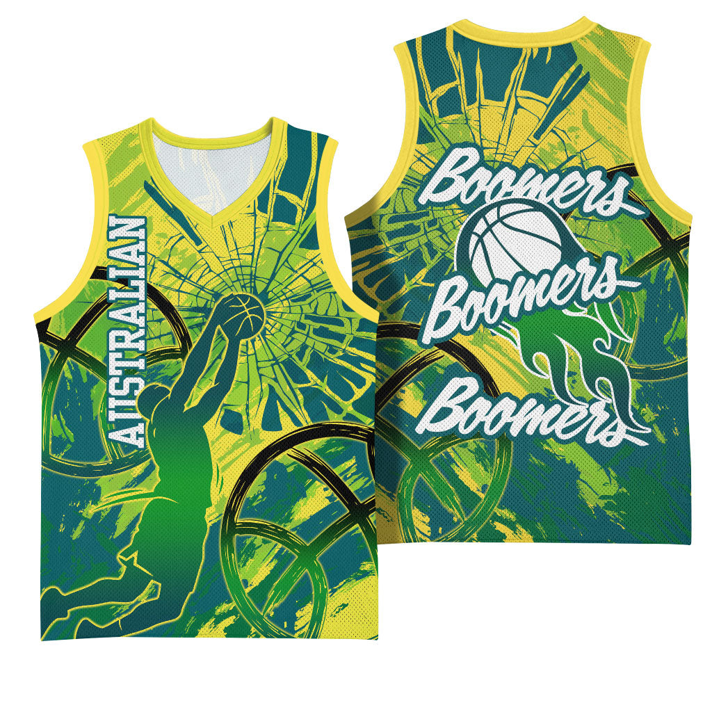 Australian Boomers Basketball Basketball Jersey Shattered Glass Effect With Flaming Ball And Grunge Brushstrokes
