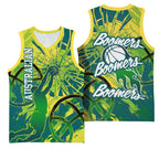 Australian Boomers Basketball Basketball Jersey Shattered Glass Effect With Flaming Ball And Grunge Brushstrokes