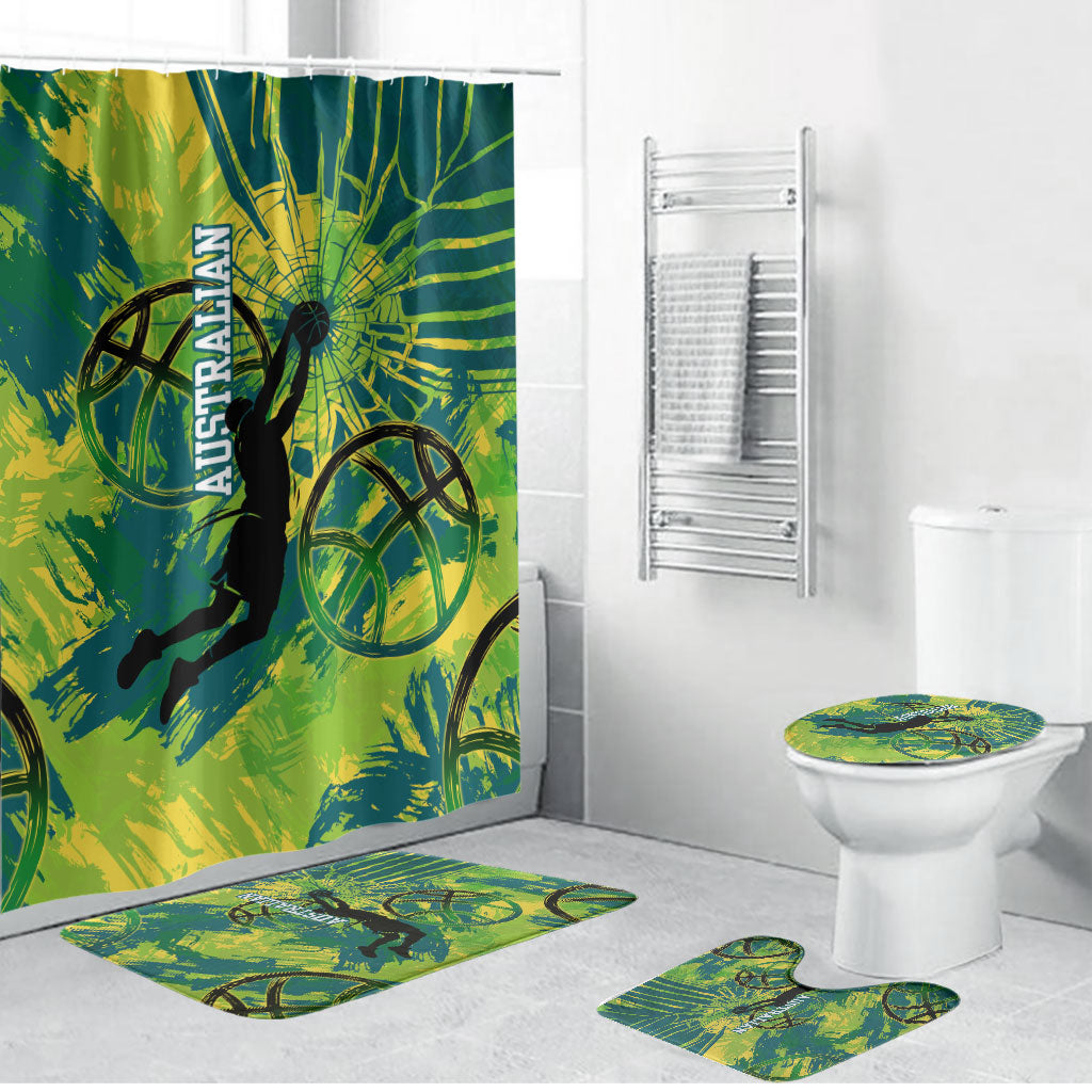 Australian Boomers Basketball Bathroom Set Shattered Glass Effect With Flaming Ball And Grunge Brushstrokes