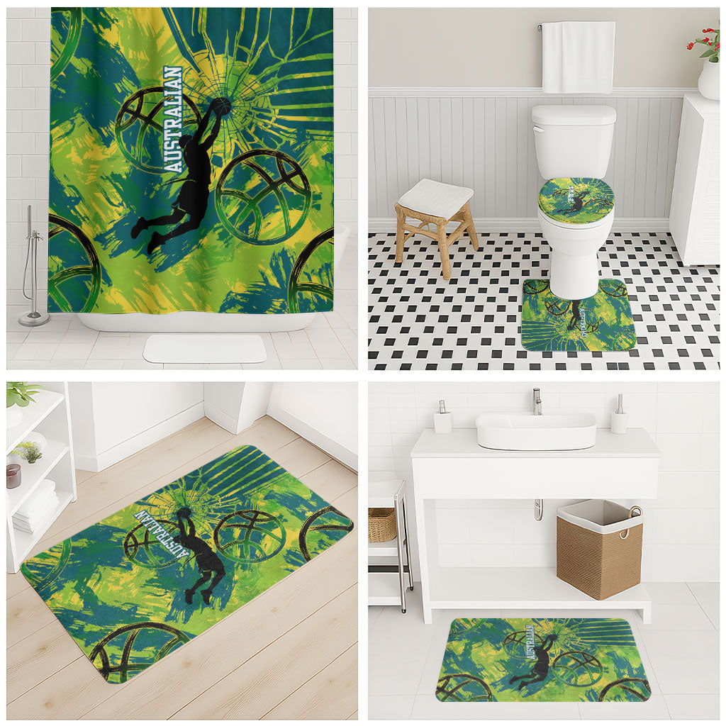 Australian Boomers Basketball Bathroom Set Shattered Glass Effect With Flaming Ball And Grunge Brushstrokes