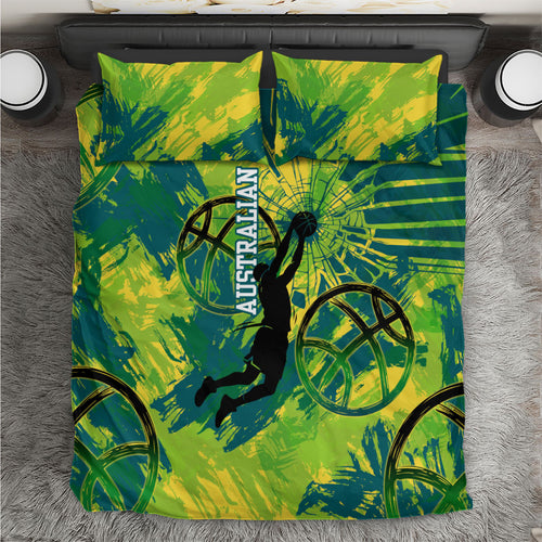 Australian Boomers Basketball Bedding Set Shattered Glass Effect With Flaming Ball And Grunge Brushstrokes