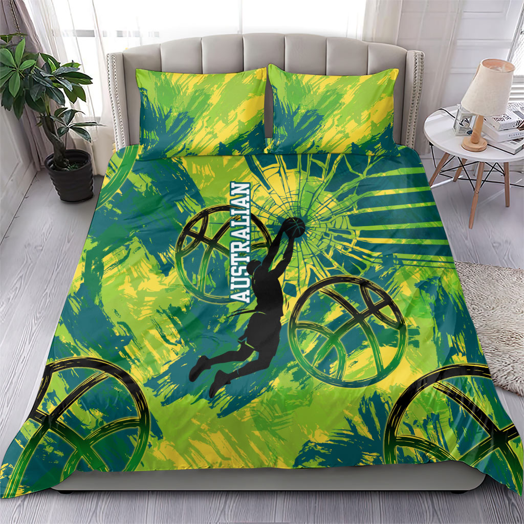 Australian Boomers Basketball Bedding Set Shattered Glass Effect With Flaming Ball And Grunge Brushstrokes
