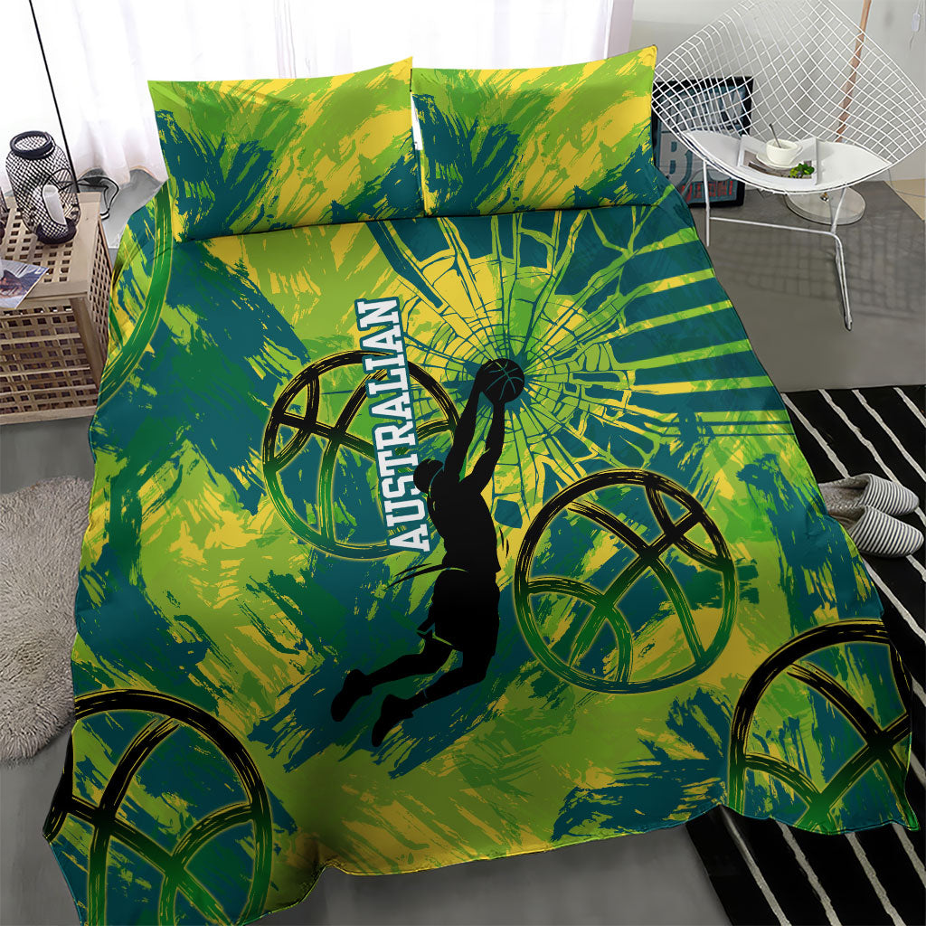 Australian Boomers Basketball Bedding Set Shattered Glass Effect With Flaming Ball And Grunge Brushstrokes