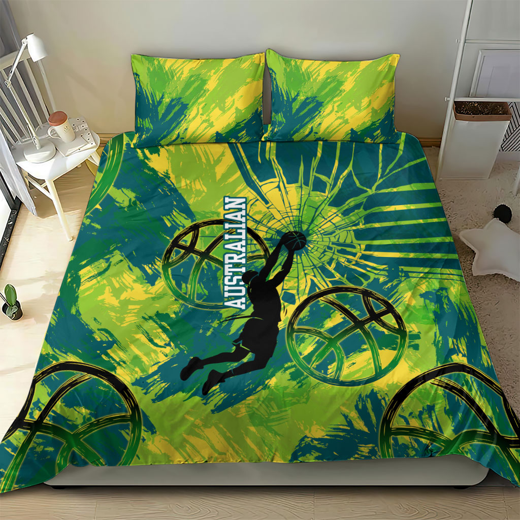 Australian Boomers Basketball Bedding Set Shattered Glass Effect With Flaming Ball And Grunge Brushstrokes