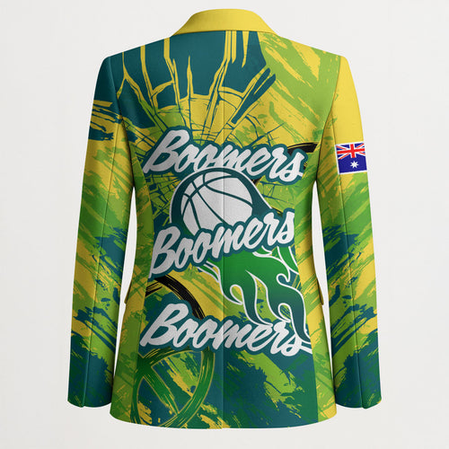 Australian Boomers Basketball Blazer Shattered Glass Effect With Flaming Ball And Grunge Brushstrokes