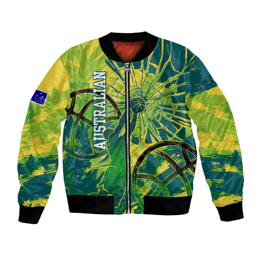 Australian Boomers Basketball Bomber Jacket Shattered Glass Effect With Flaming Ball And Grunge Brushstrokes