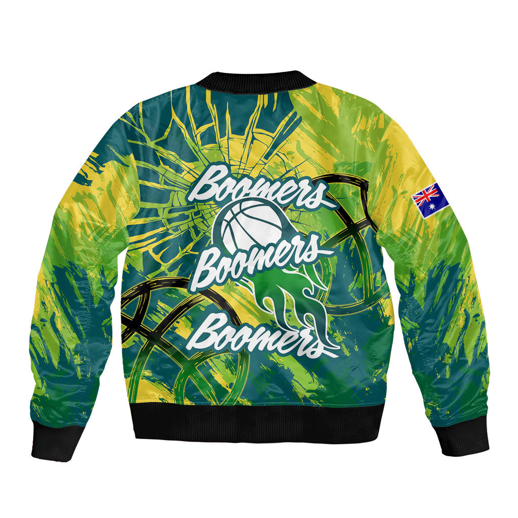 Australian Boomers Basketball Bomber Jacket Shattered Glass Effect With Flaming Ball And Grunge Brushstrokes