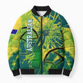 Australian Boomers Basketball Bomber Puffer Jacket Shattered Glass Effect With Flaming Ball And Grunge Brushstrokes
