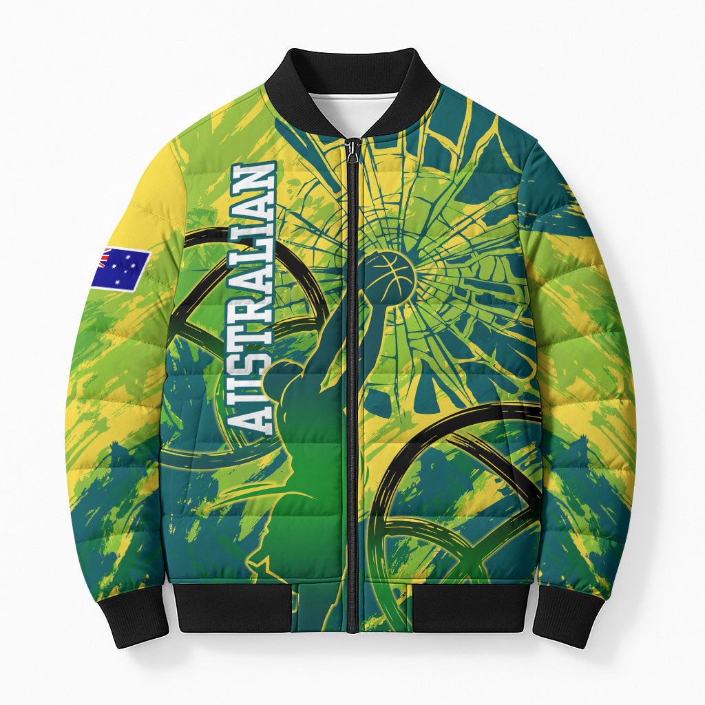 Australian Boomers Basketball Bomber Puffer Jacket Shattered Glass Effect With Flaming Ball And Grunge Brushstrokes