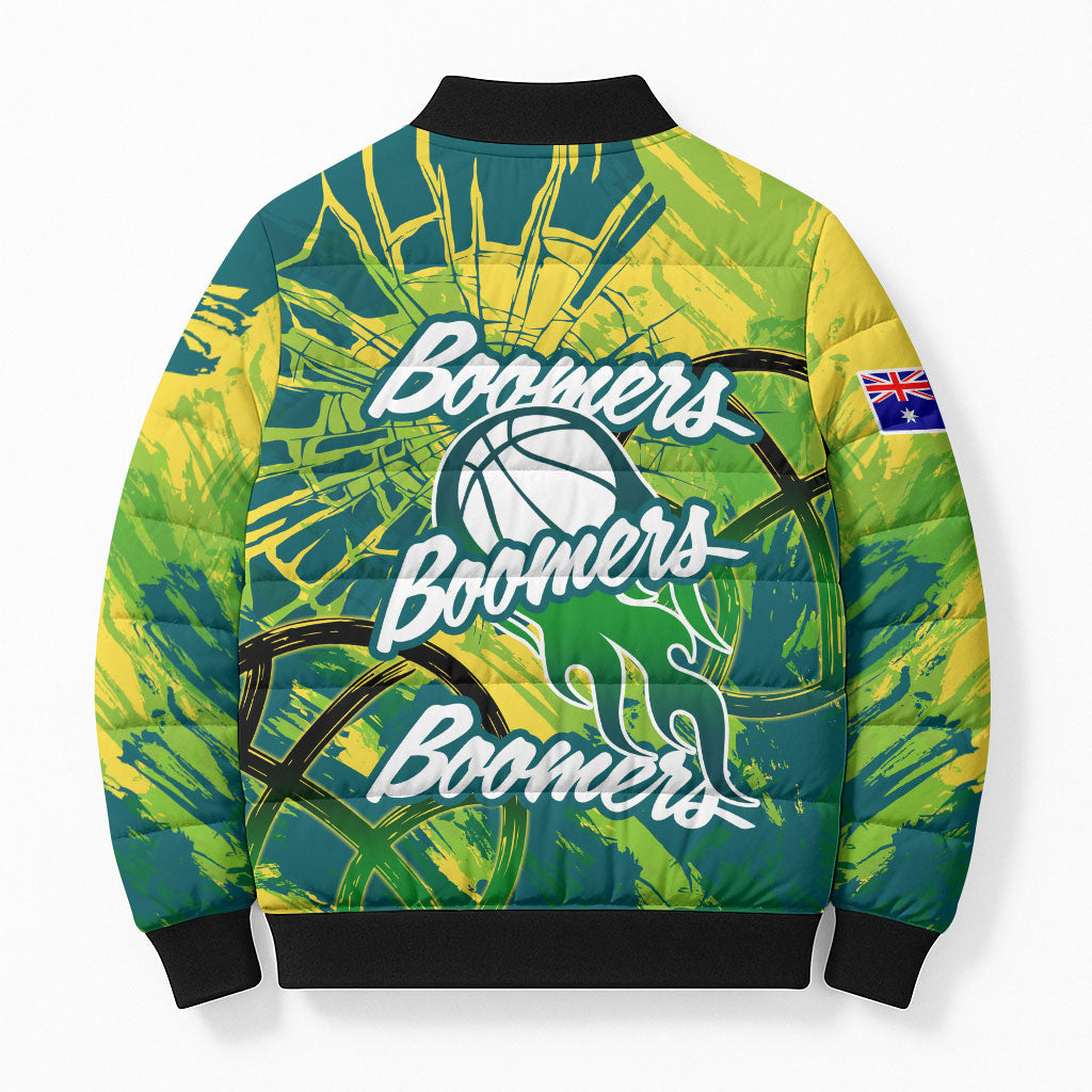 Australian Boomers Basketball Bomber Puffer Jacket Shattered Glass Effect With Flaming Ball And Grunge Brushstrokes