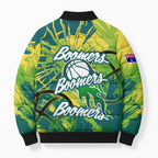 Australian Boomers Basketball Bomber Puffer Jacket Shattered Glass Effect With Flaming Ball And Grunge Brushstrokes