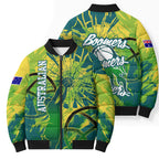Australian Boomers Basketball Bomber Puffer Jacket Shattered Glass Effect With Flaming Ball And Grunge Brushstrokes