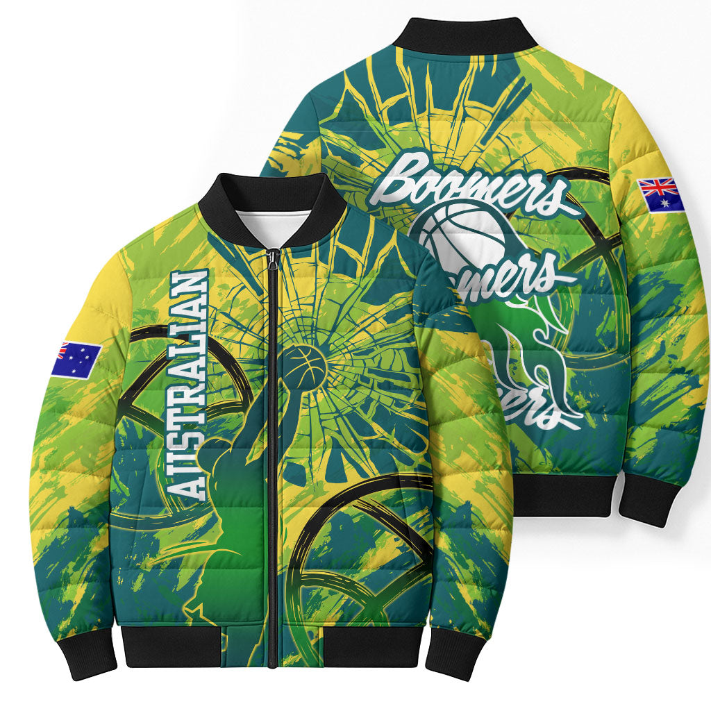 Australian Boomers Basketball Bomber Puffer Jacket Shattered Glass Effect With Flaming Ball And Grunge Brushstrokes
