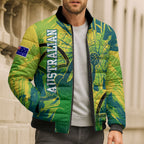 Australian Boomers Basketball Bomber Puffer Jacket Shattered Glass Effect With Flaming Ball And Grunge Brushstrokes