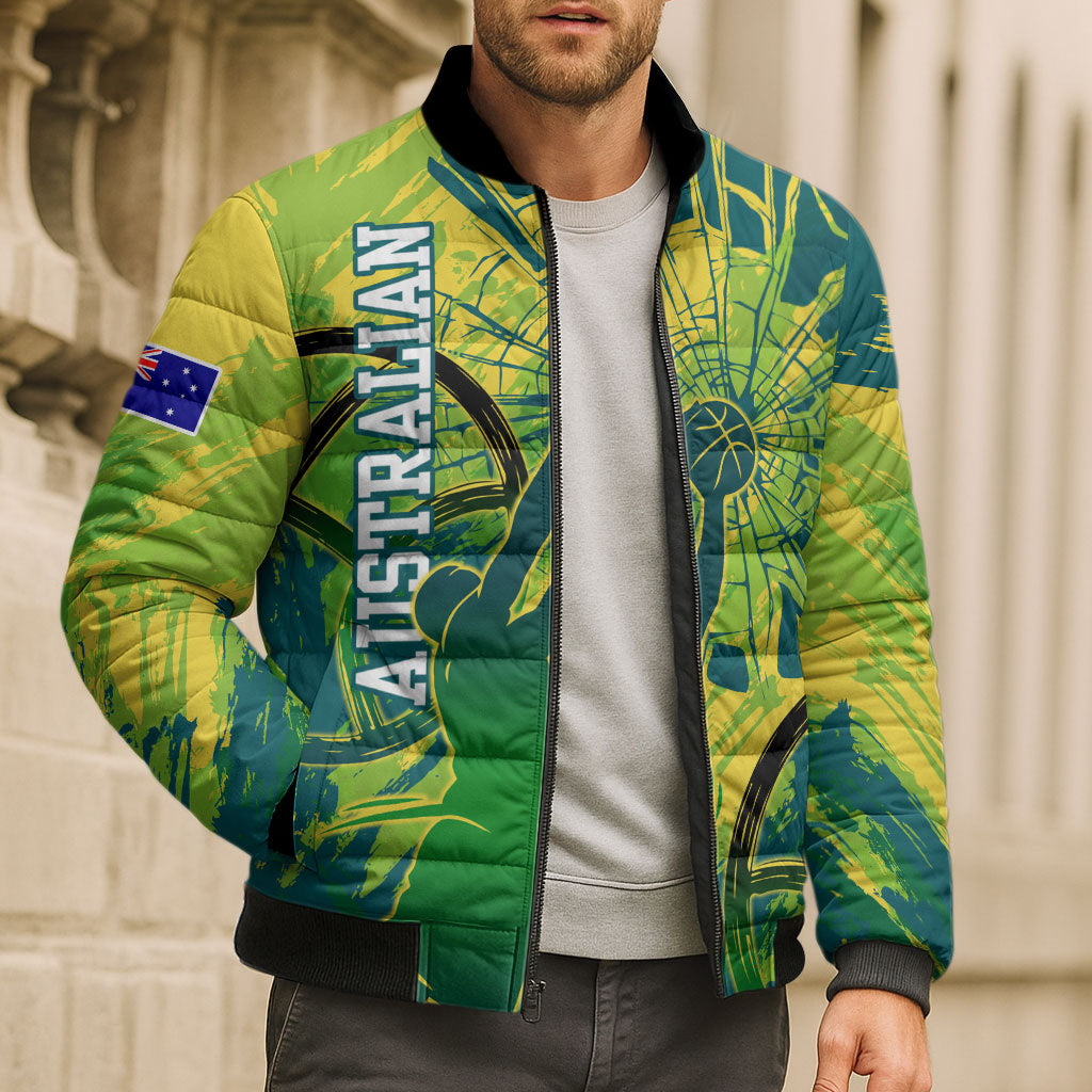Australian Boomers Basketball Bomber Puffer Jacket Shattered Glass Effect With Flaming Ball And Grunge Brushstrokes