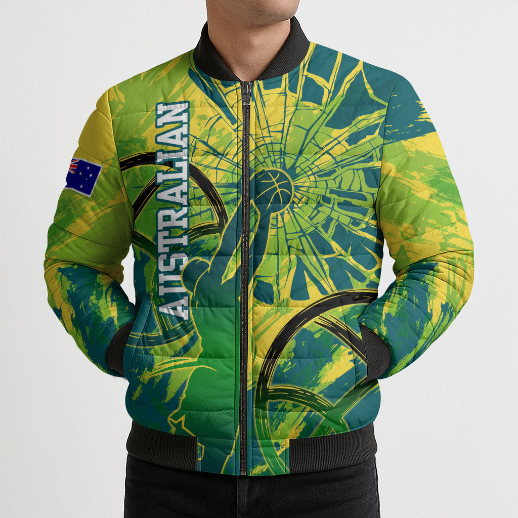 Australian Boomers Basketball Bomber Puffer Jacket Shattered Glass Effect With Flaming Ball And Grunge Brushstrokes