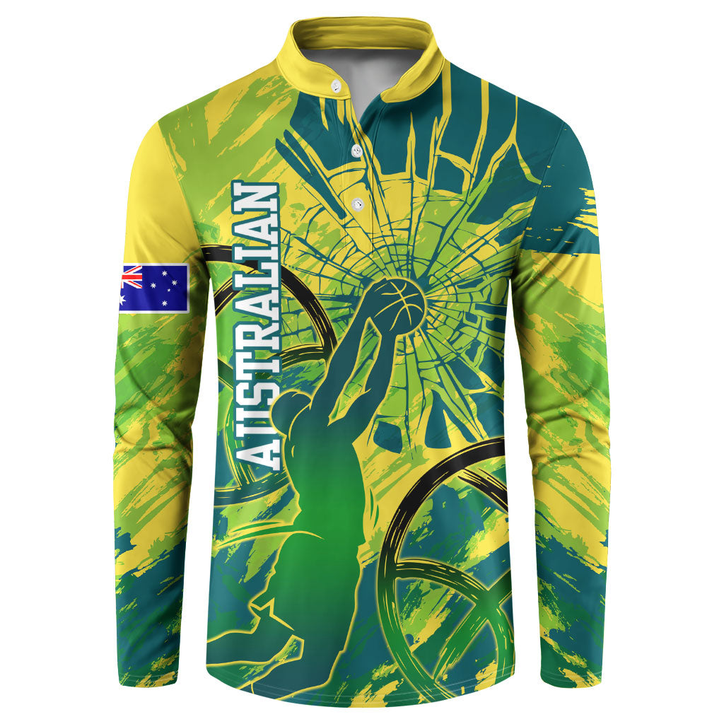 Australian Boomers Basketball Button Sweatshirt Shattered Glass Effect With Flaming Ball And Grunge Brushstrokes