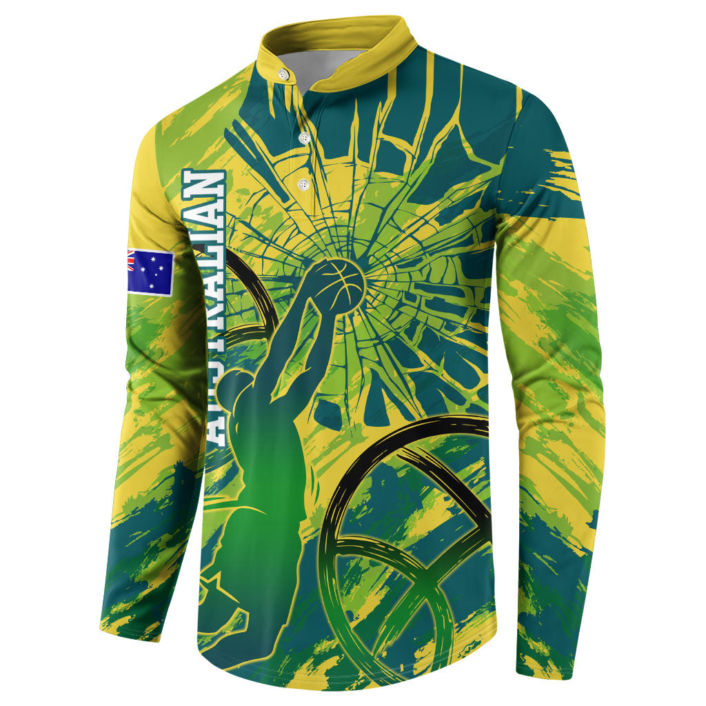 Australian Boomers Basketball Button Sweatshirt Shattered Glass Effect With Flaming Ball And Grunge Brushstrokes