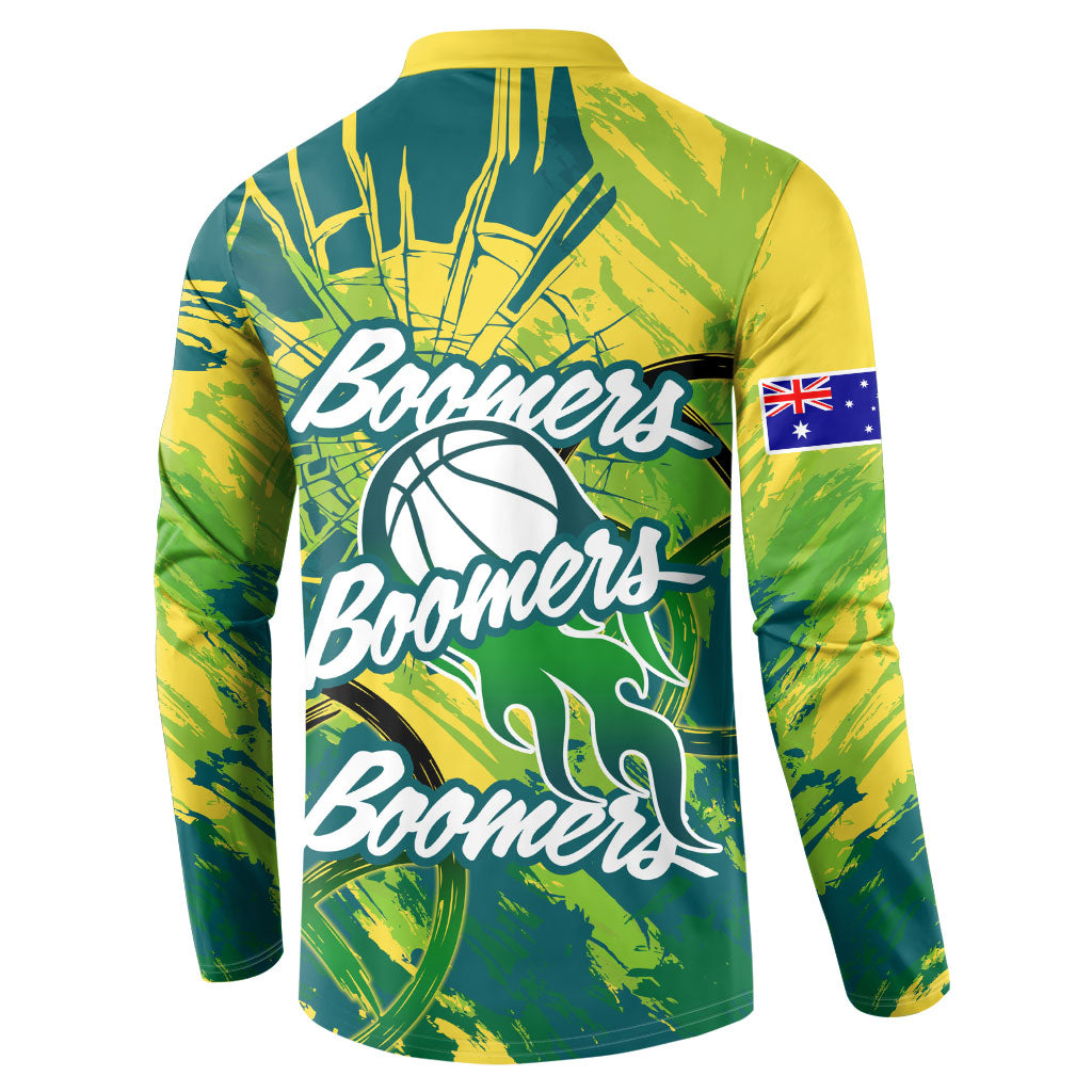Australian Boomers Basketball Button Sweatshirt Shattered Glass Effect With Flaming Ball And Grunge Brushstrokes