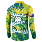 Australian Boomers Basketball Button Sweatshirt Shattered Glass Effect With Flaming Ball And Grunge Brushstrokes