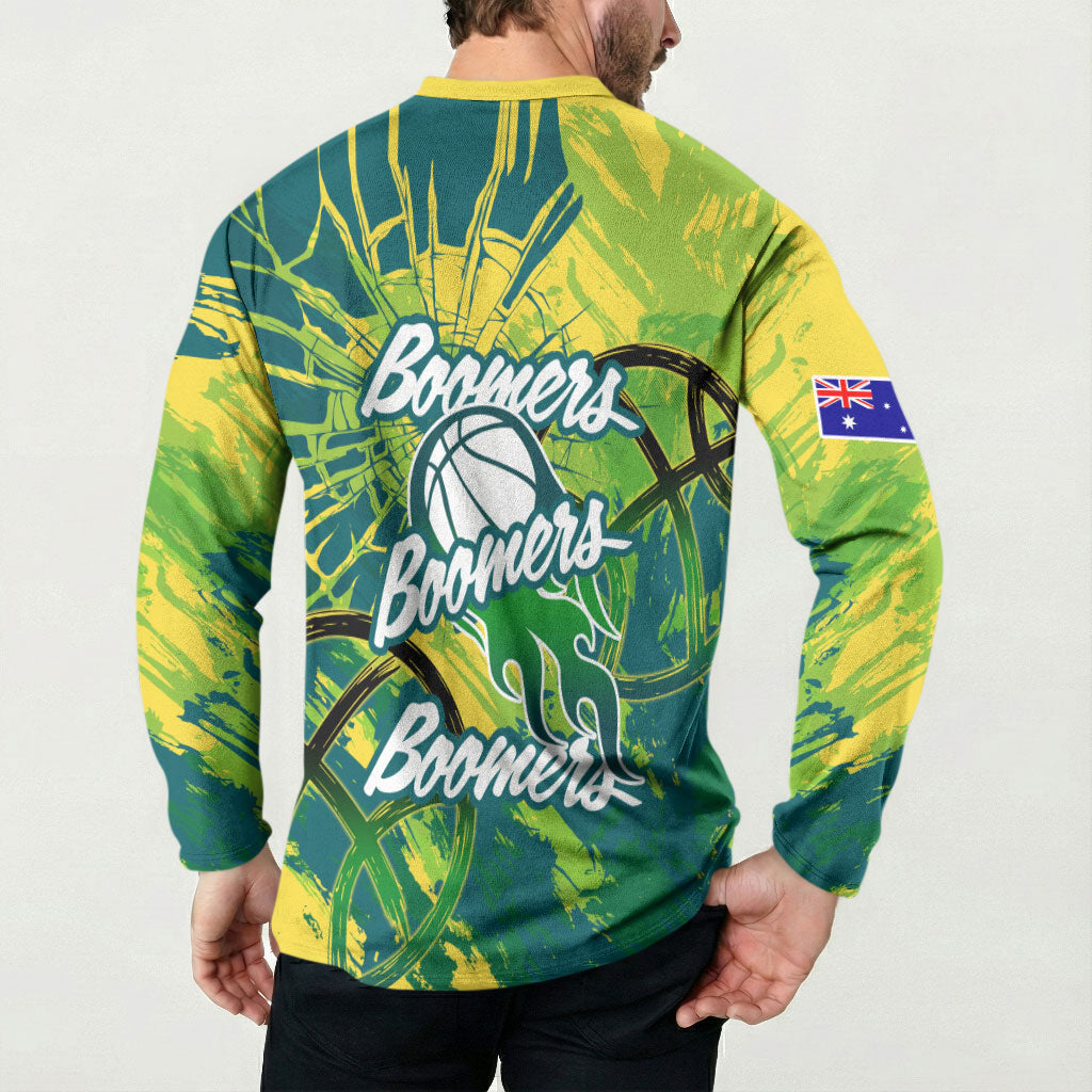 Australian Boomers Basketball Button Sweatshirt Shattered Glass Effect With Flaming Ball And Grunge Brushstrokes