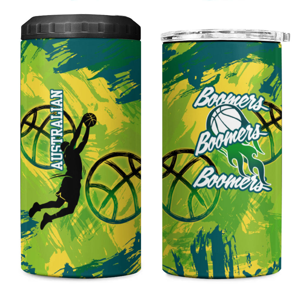 Australian Boomers Basketball 4 in 1 Can Cooler Tumbler Shattered Glass Effect With Flaming Ball And Grunge Brushstrokes