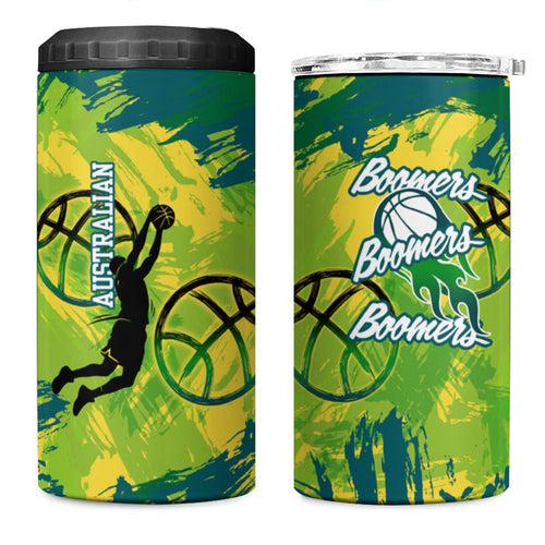 Australian Boomers Basketball 4 in 1 Can Cooler Tumbler Shattered Glass Effect With Flaming Ball And Grunge Brushstrokes