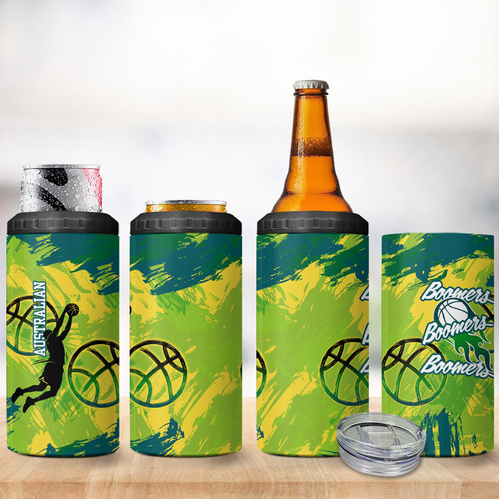 Australian Boomers Basketball 4 in 1 Can Cooler Tumbler Shattered Glass Effect With Flaming Ball And Grunge Brushstrokes