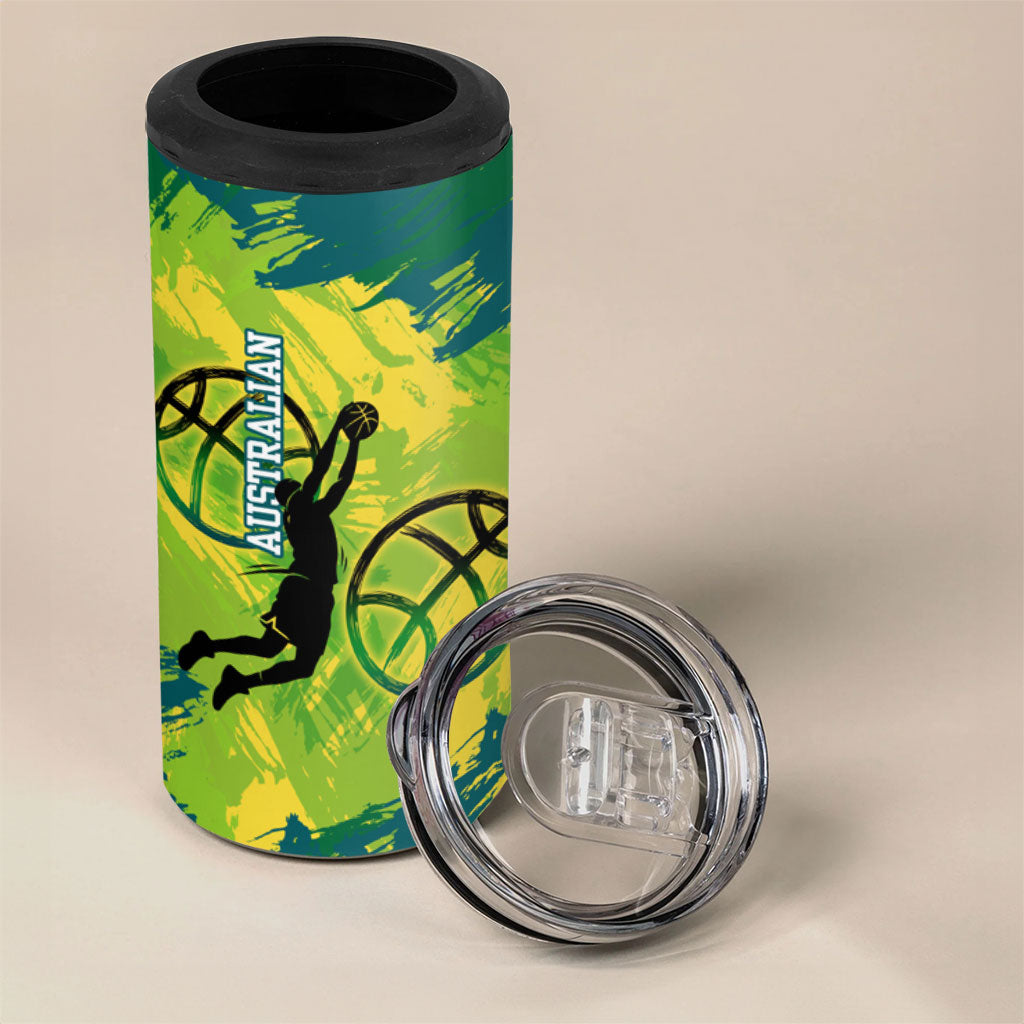Australian Boomers Basketball 4 in 1 Can Cooler Tumbler Shattered Glass Effect With Flaming Ball And Grunge Brushstrokes