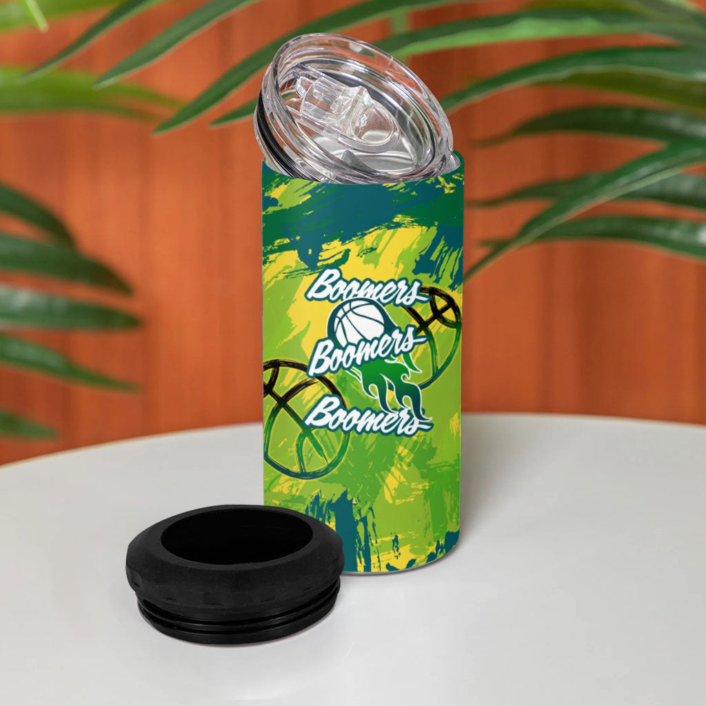 Australian Boomers Basketball 4 in 1 Can Cooler Tumbler Shattered Glass Effect With Flaming Ball And Grunge Brushstrokes