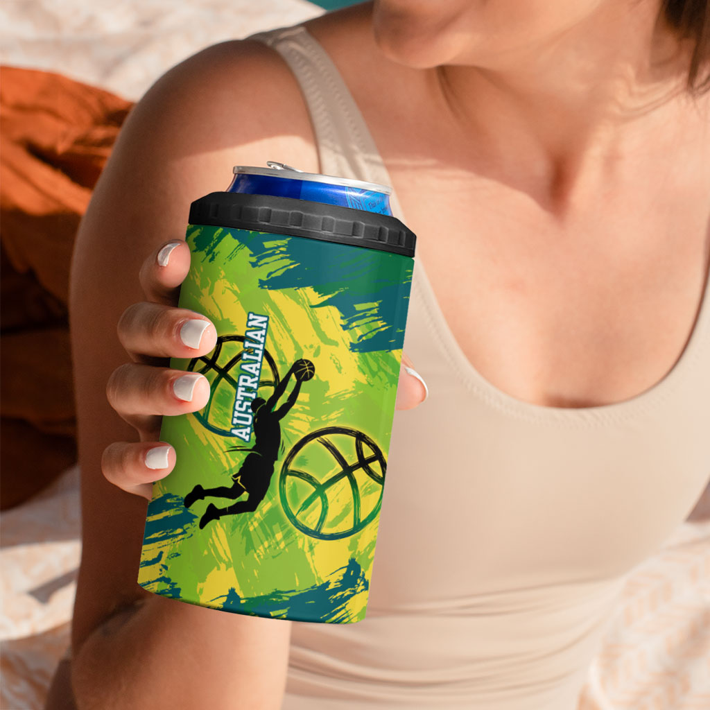Australian Boomers Basketball 4 in 1 Can Cooler Tumbler Shattered Glass Effect With Flaming Ball And Grunge Brushstrokes