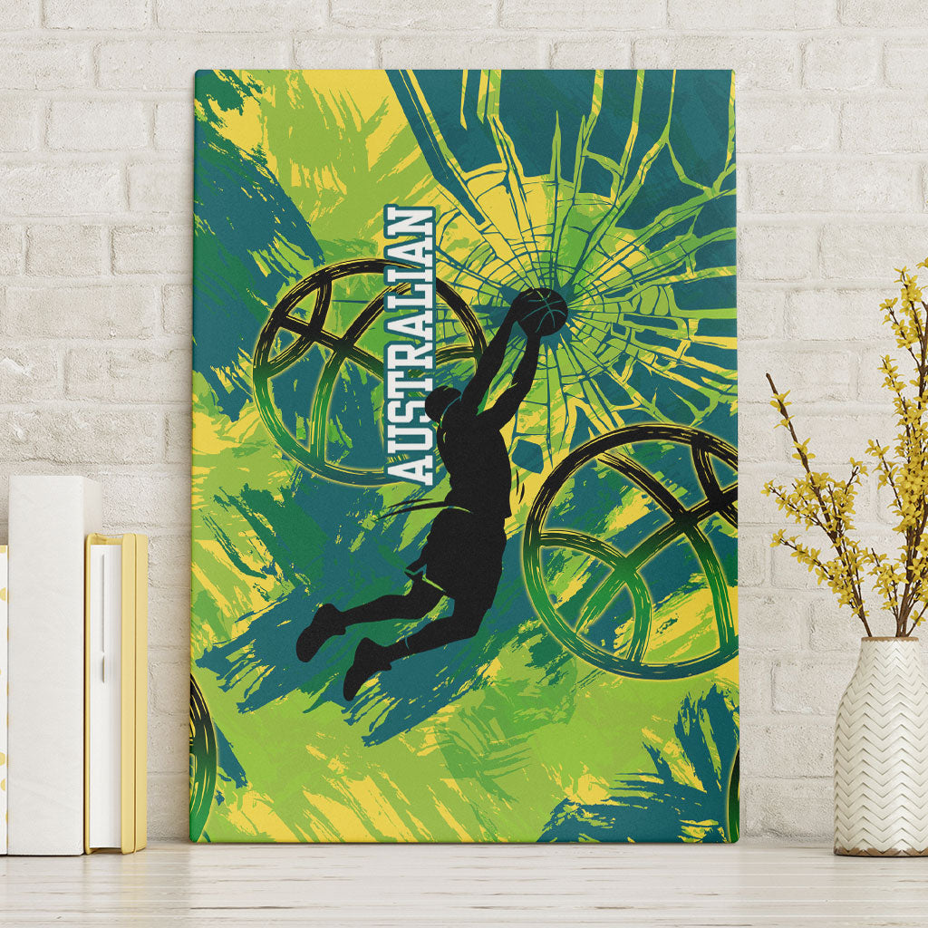 Australian Boomers Basketball Canvas Wall Art Shattered Glass Effect With Flaming Ball And Grunge Brushstrokes