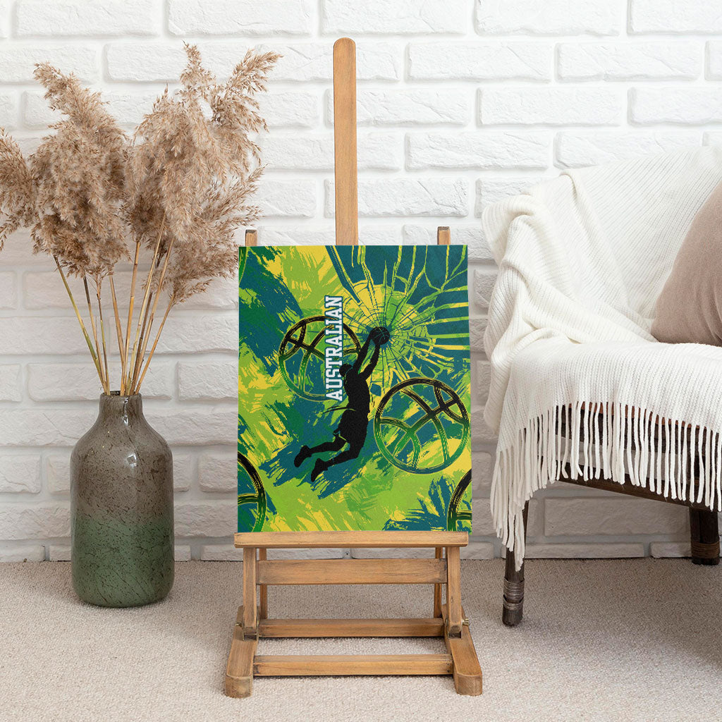 Australian Boomers Basketball Canvas Wall Art Shattered Glass Effect With Flaming Ball And Grunge Brushstrokes