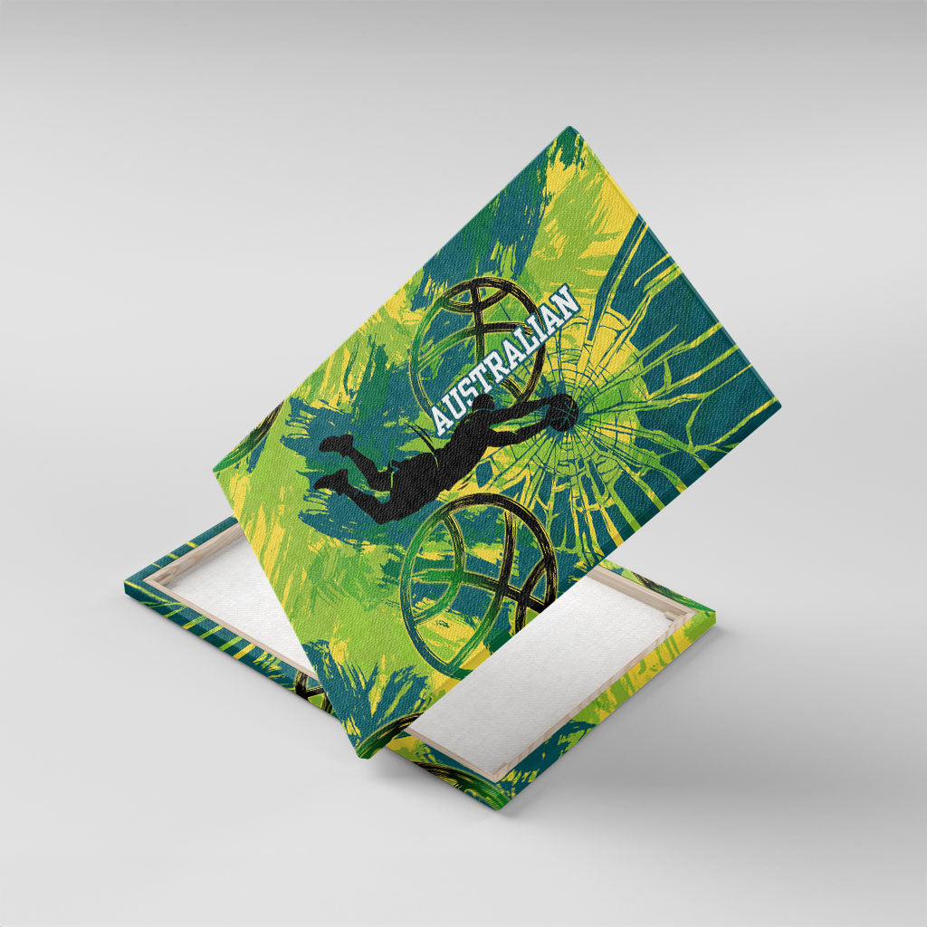 Australian Boomers Basketball Canvas Wall Art Shattered Glass Effect With Flaming Ball And Grunge Brushstrokes