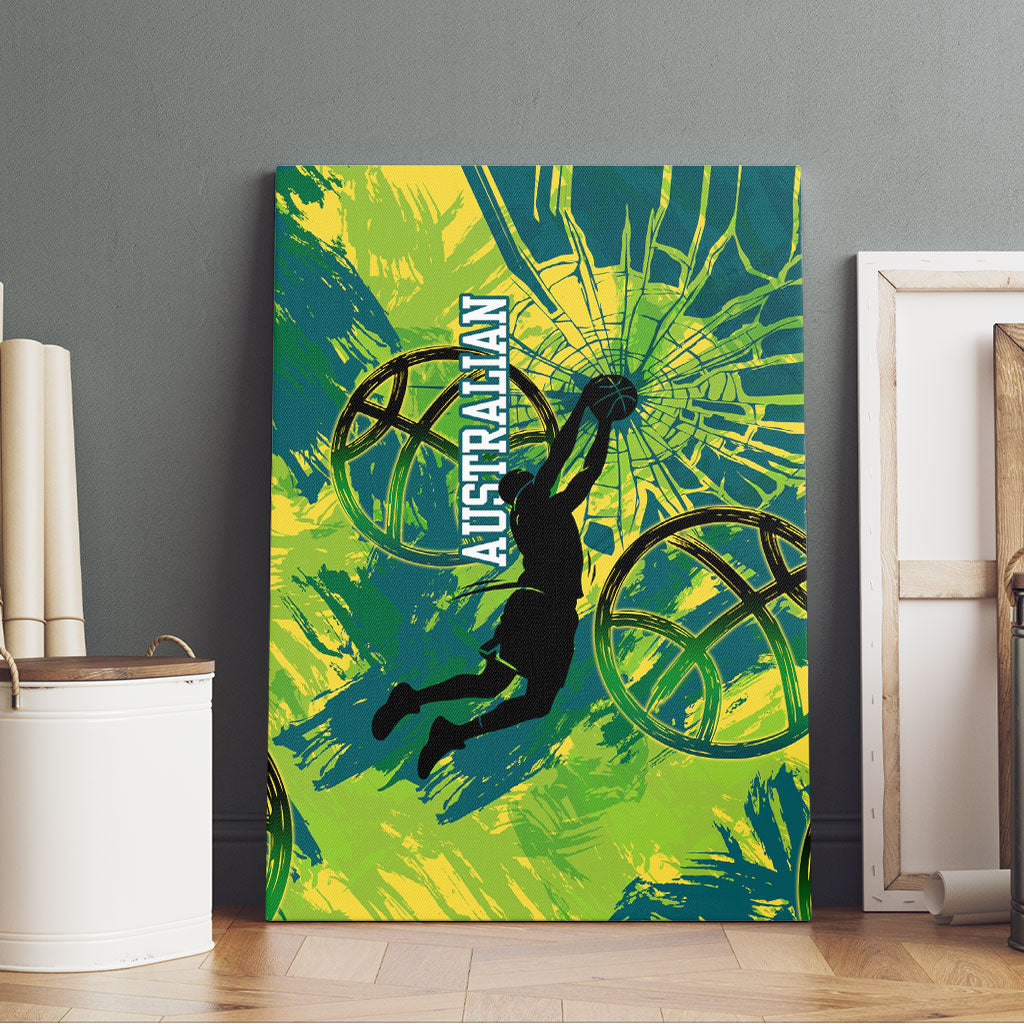 Australian Boomers Basketball Canvas Wall Art Shattered Glass Effect With Flaming Ball And Grunge Brushstrokes